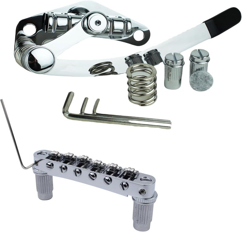 guyker Guitar Bridge Stop Bar Tailpiece Tremolo TM85X and GM005 Tune-O-Matic Roller Saddle Bridge Combo Replacement Part Compatible with Les Paul LP SG 6 String Electric Guitars, Chrome - Image 1